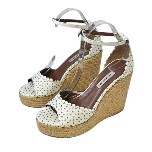 Tabitha Simmons Harp White Flower Perforated Leather Wedge Jute Sandal 38 US 7.5 - Picture 7 of 13